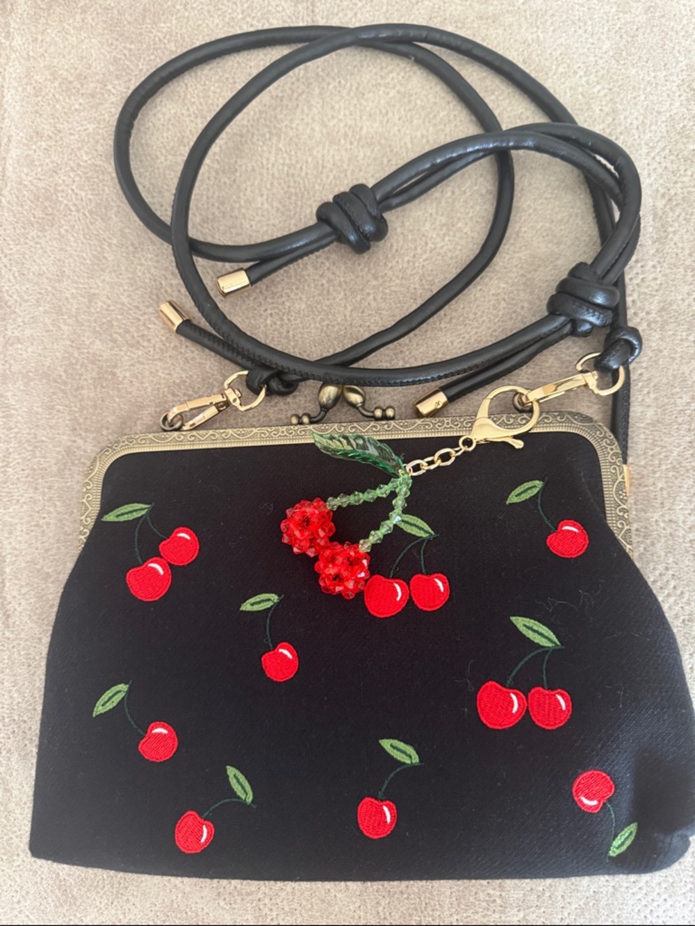 Black Cherry Embroidered kiss-lock crossbody Purse with Red Charm
